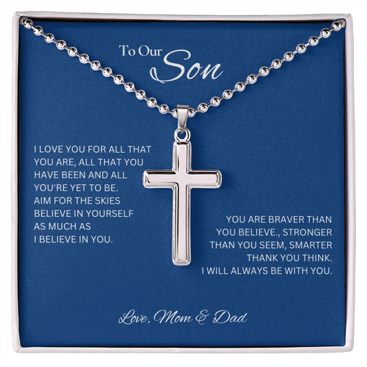 To Our Son - Love Mom & Dad - Stainless Cross Necklace with Ball Chain