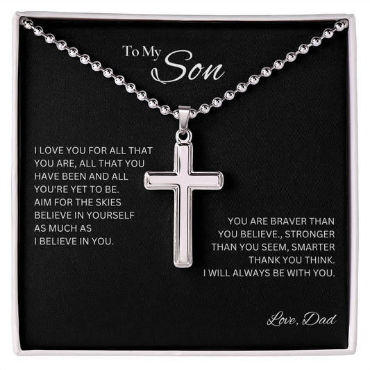 To My Son - Love Dad - Stainless Cross Necklace with Ball Chain